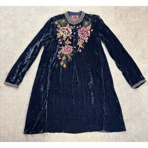 Johnny Was Quito Velvet Tunic Dress Navy Blue Peacock Floral Embroidery Size XS